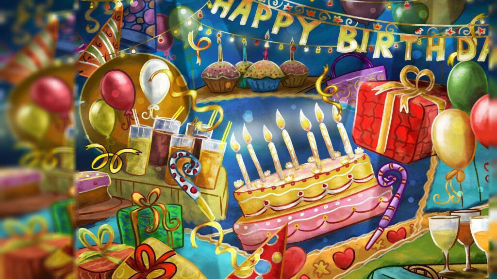 Festive Birthday Wallpaper: Colorful Balloons & Cake Celebration