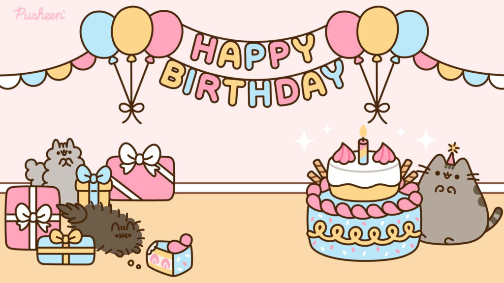Festive Birthday Wallpaper: Cute Cartoon Cats & Colorful Balloons