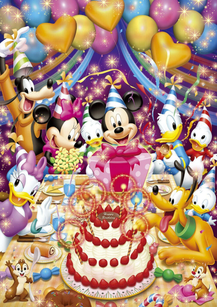 Festive Cartoon Birthday Wallpaper with Mickey Mouse & Colorful Decor