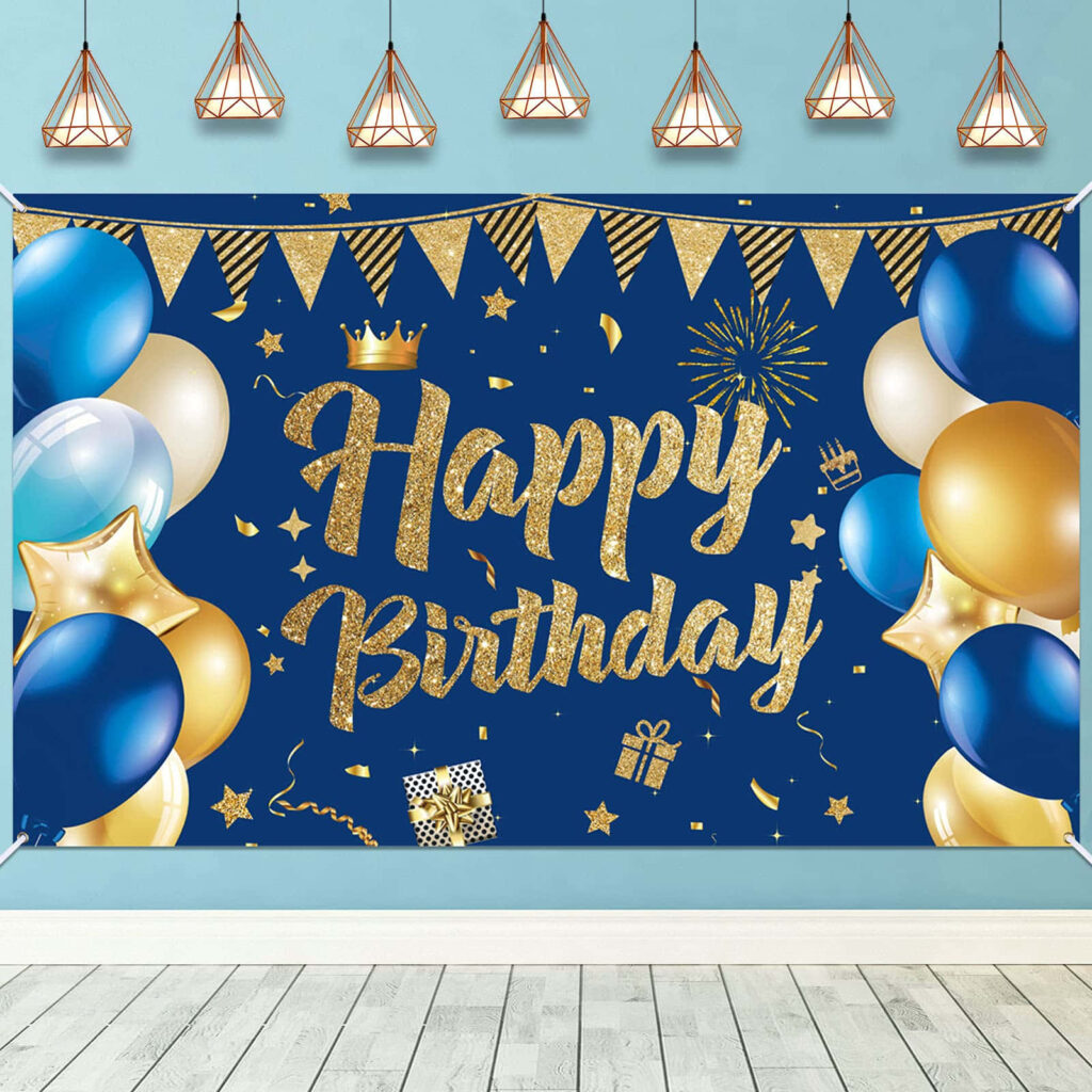 Festive Blue Birthday Wallpaper with Gold Glitter & Balloons
