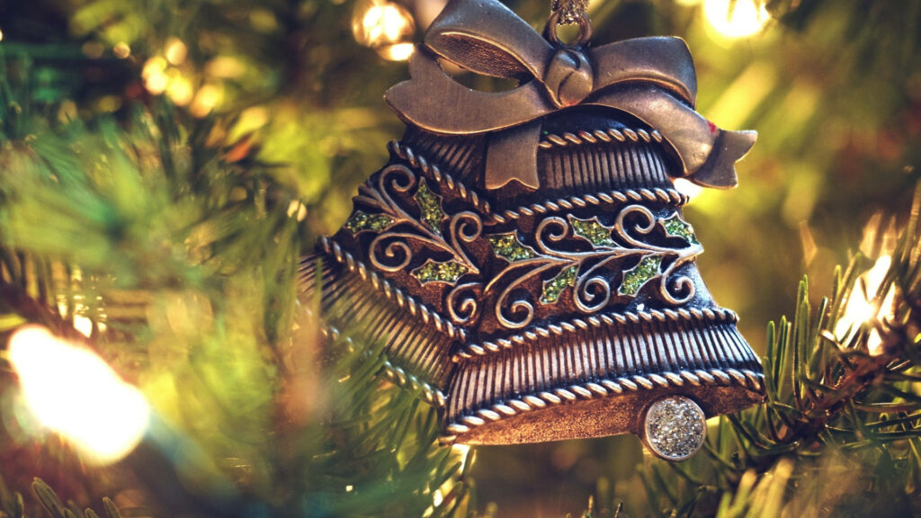 Festive Brass Christmas Bell with Holly - Holiday Wallpaper Background