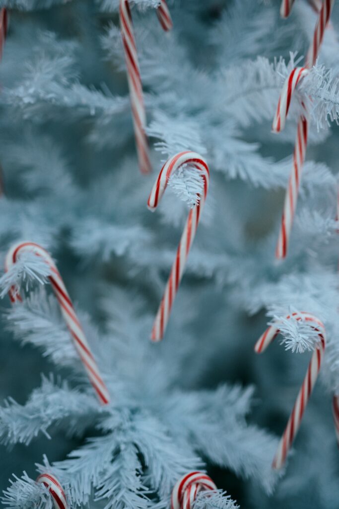 Festive Candy Cane Wallpaper on Frosted Christmas Tree Background