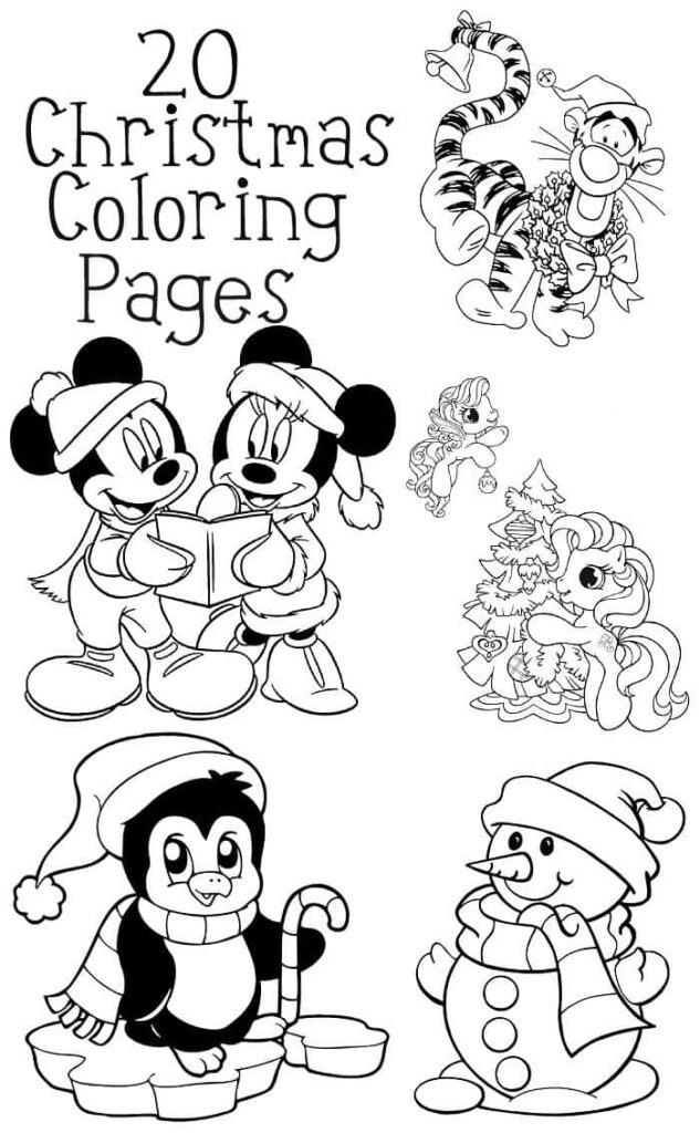 Festive Christmas Coloring Page with Cartoon Characters for Kids Wallpaper