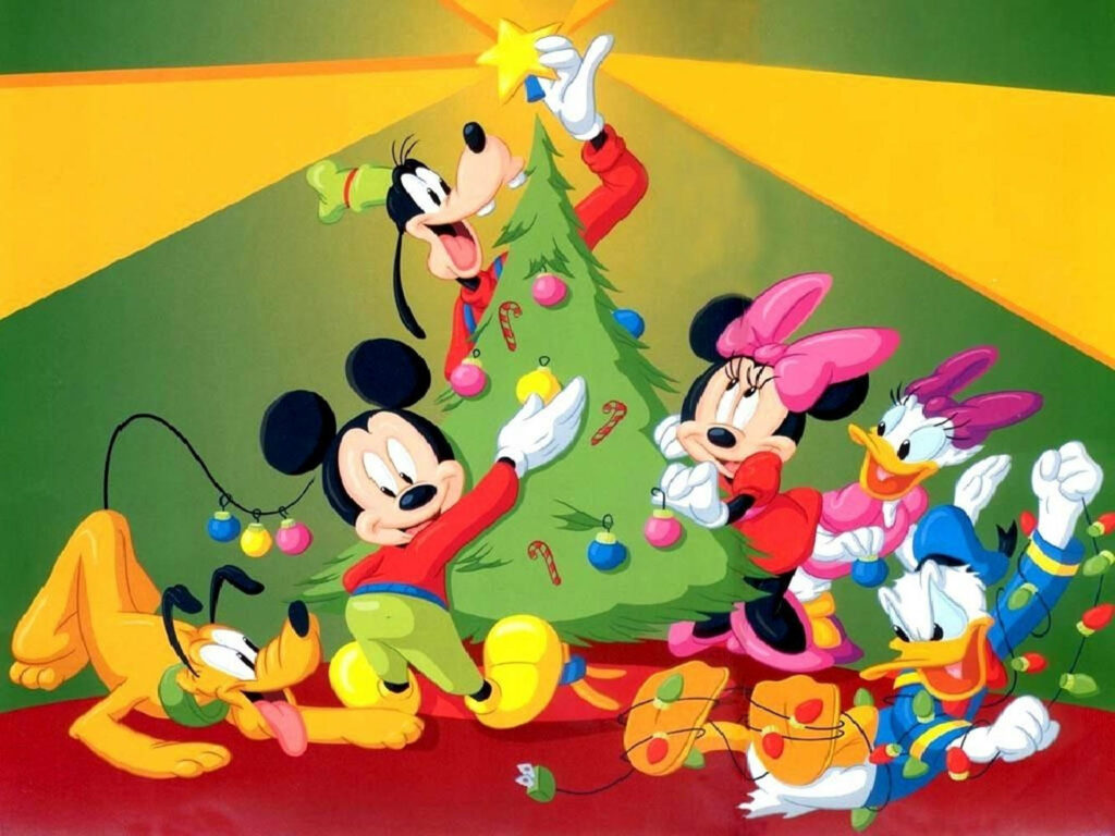 Festive Wallpaper: Cartoon Characters Celebrate by Christmas Tree