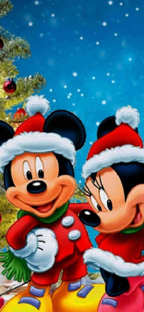 Festive Cartoon Characters by Christmas Tree - Cheerful Holiday Background Wallpaper