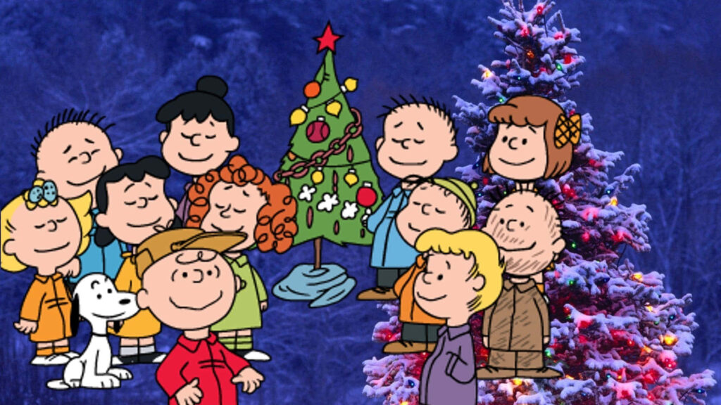 Joyful Cartoon Characters Celebrate Around a Festive Christmas Tree Wallpaper