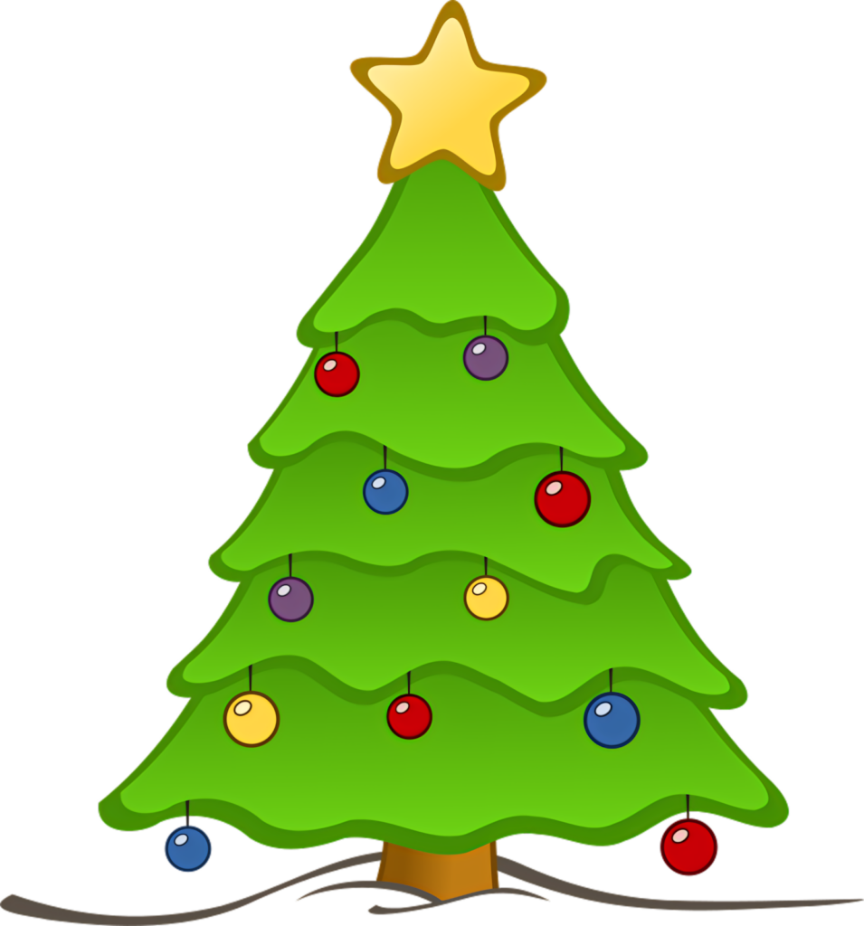 Festive Cartoon Christmas Tree Wallpaper with Ornaments & Star