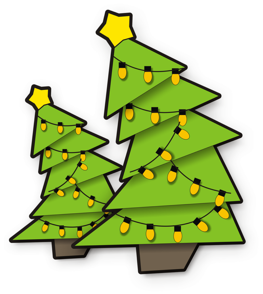 Vibrant Cartoon Christmas Trees with Yellow Lights - Festive Wallpaper