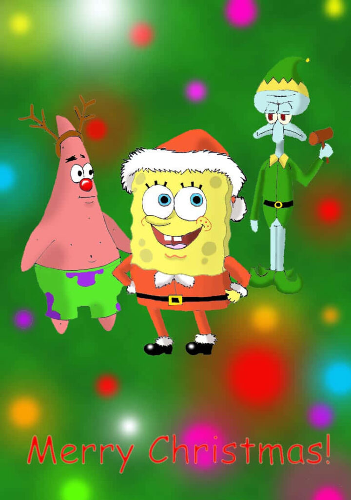 Cheerful Christmas Wallpaper with Cartoon Characters & Lights