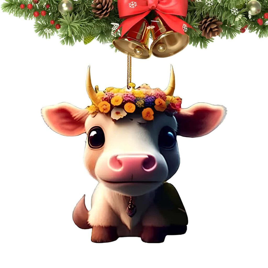 Festive Cartoon Cow Wallpaper with Holiday Decorations & Flower Crown
