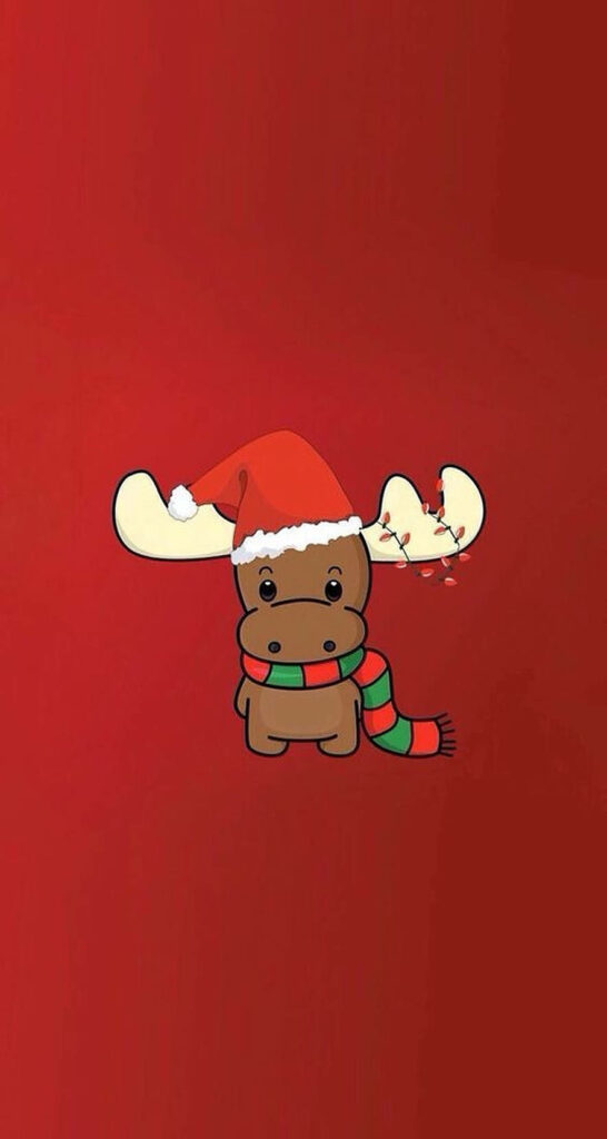 Festive Cartoon Moose in Santa Hat - Christmas Wallpaper Design