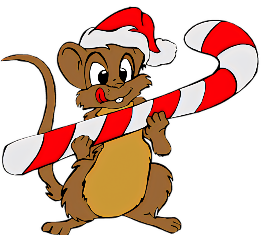 Festive Cartoon Mouse with Candy Cane in Santa Hat - Holiday Spirit! Wallpaper