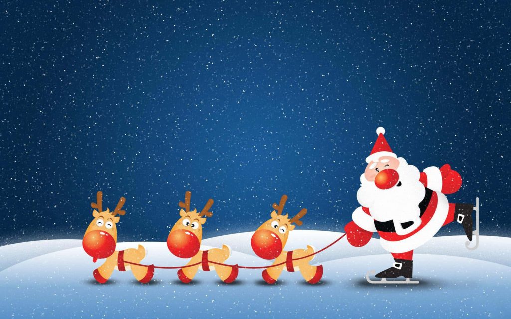 Cheerful Santa ice skating with three reindeer on snowy landscape under starry night sky wallpaper