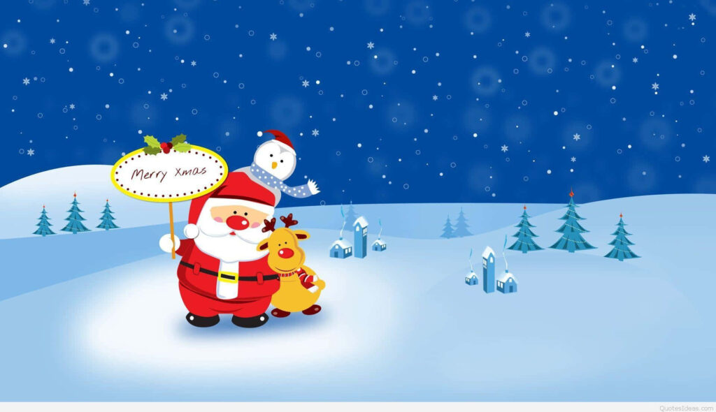 Cheerful Christmas Wallpaper: Santa & Reindeer in Snowy Landscape