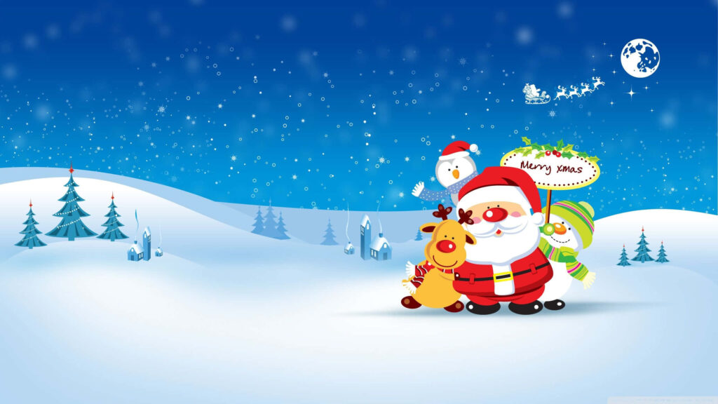 Cheerful Christmas Wallpaper: Santa, Reindeer & Snowman Scene