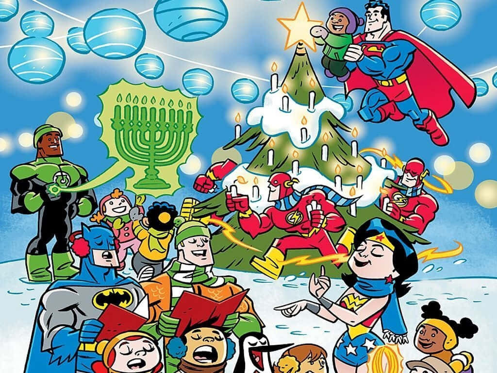 Festive Holiday Wallpaper: Superheroes Celebrate Around Christmas Tree