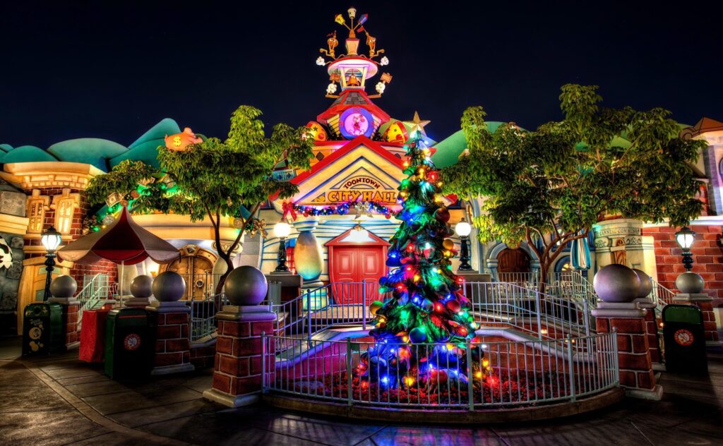 Festive Cartoon Christmas Wallpaper with Colorful Tree & Whimsical Scene