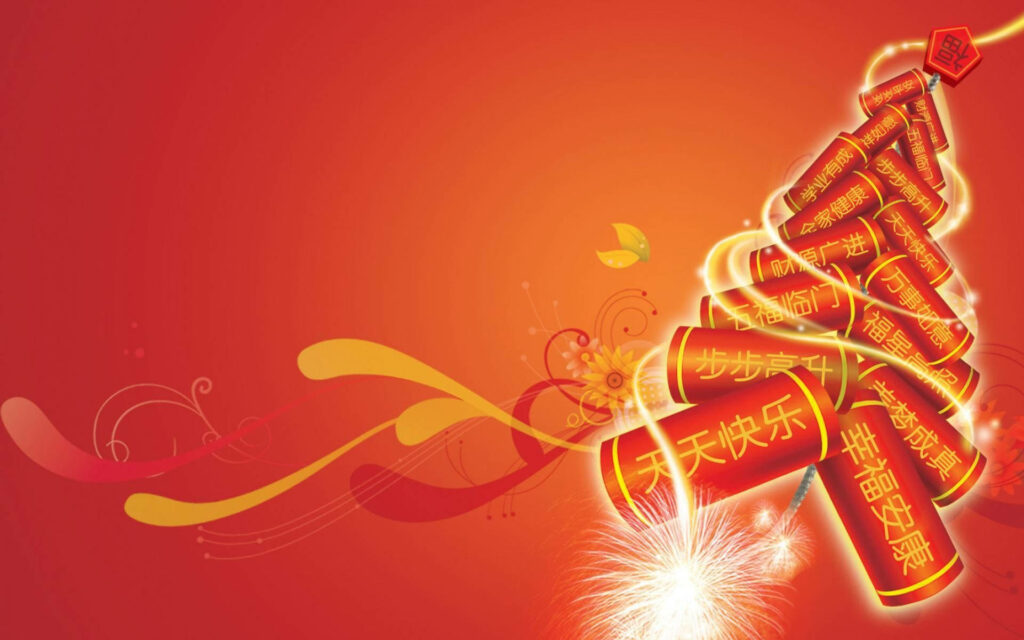 Festive Chinese New Year wallpaper with traditional firecrackers red background fireworks floral pattern