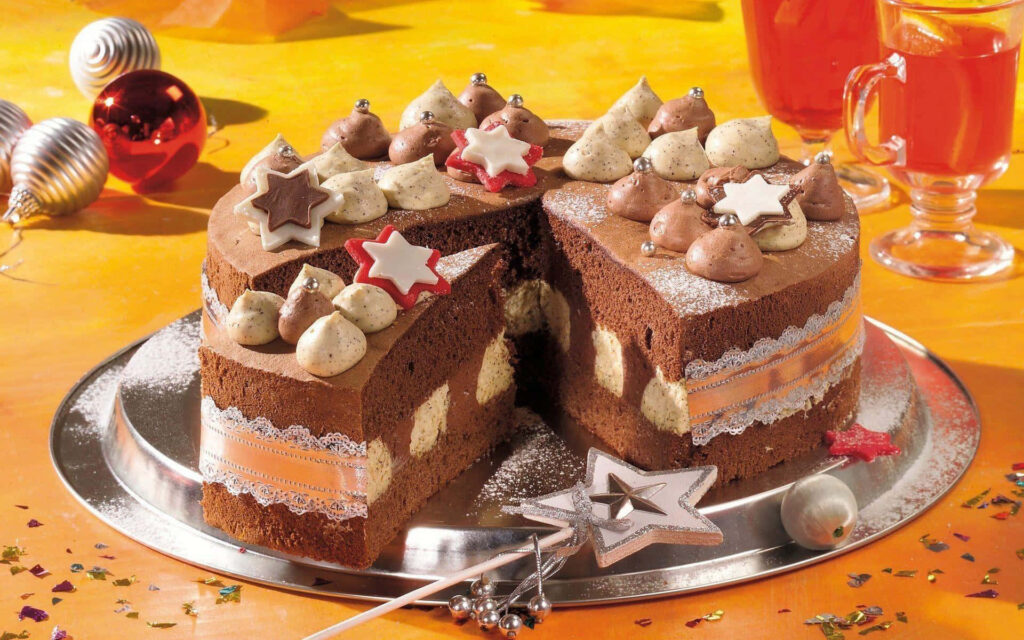 Festive Chocolate Cake Wallpaper: Star Decor & Colorful Confetti