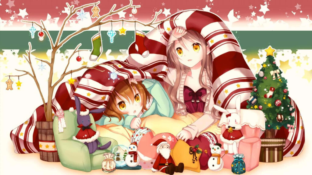 Cute Christmas Anime Kids Wallpaper with Festive Decor
