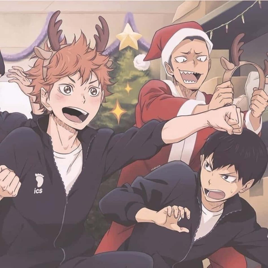 Joyful Anime Christmas Wallpaper: Santa & Reindeer Antlers Fun