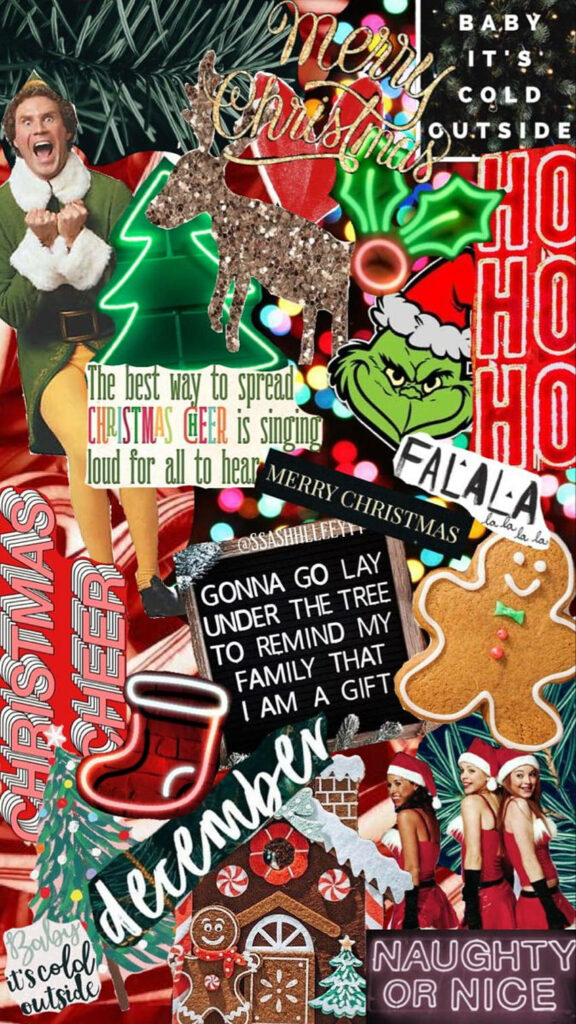 Vibrant Christmas Collage Wallpaper with Elf, Grinch & Holiday Cheer