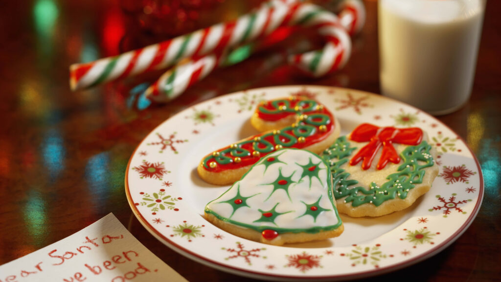 Festive Christmas Cookies Wallpaper: Holiday Cheer with Milk & Candies