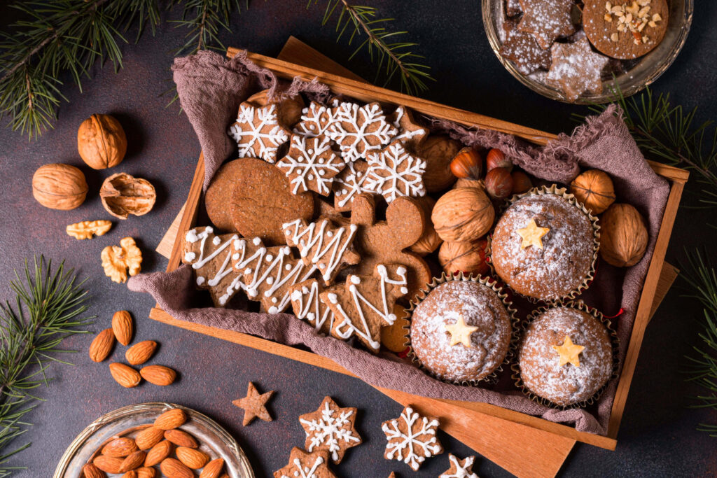 Festive Christmas Cookie Wallpaper: Iced Treats & Evergreen Decor