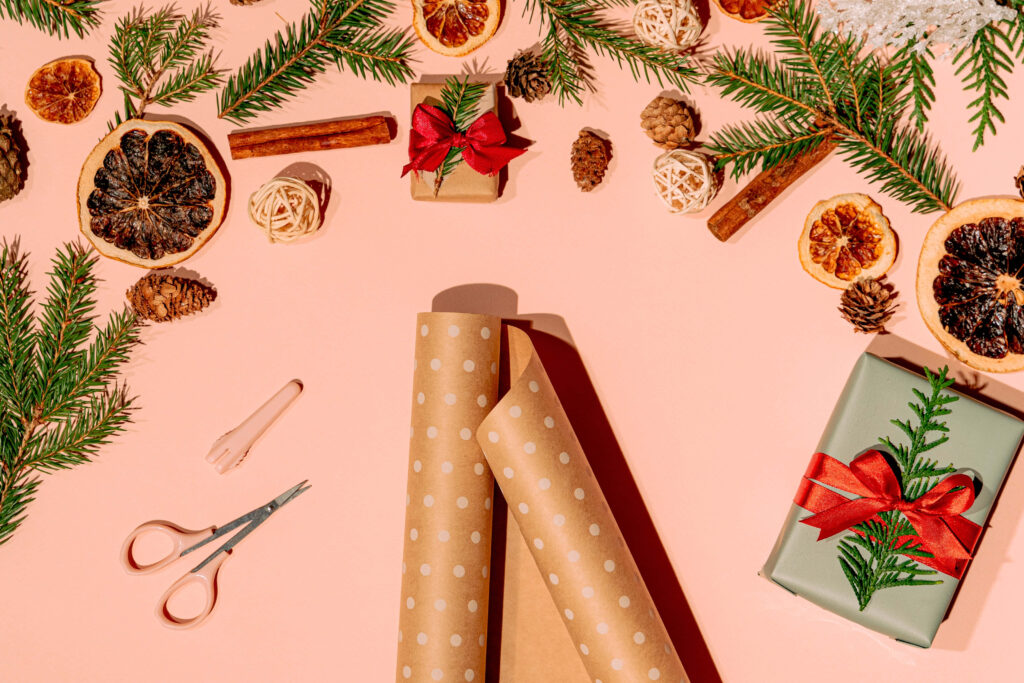 Festive Christmas Gift-Wrapping Flat Lay Wallpaper - High Resolution