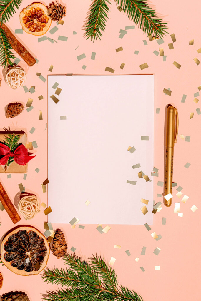 Festive Christmas Flatlay: Blank Card & Holiday Decor Delight Wallpaper