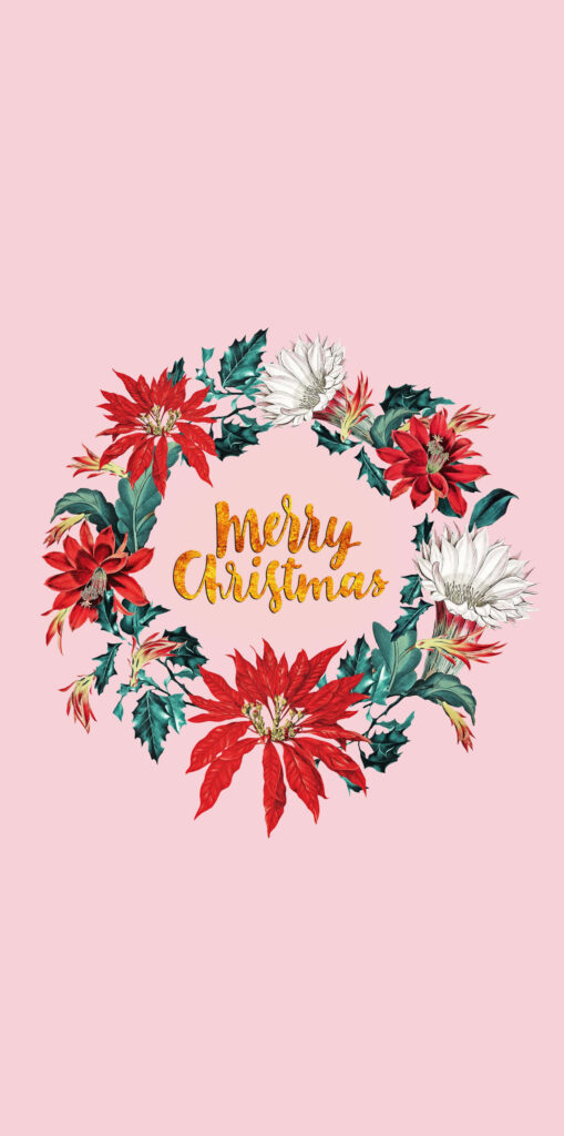 Festive Christmas Floral Wreath Wallpaper on Soft Pink Background
