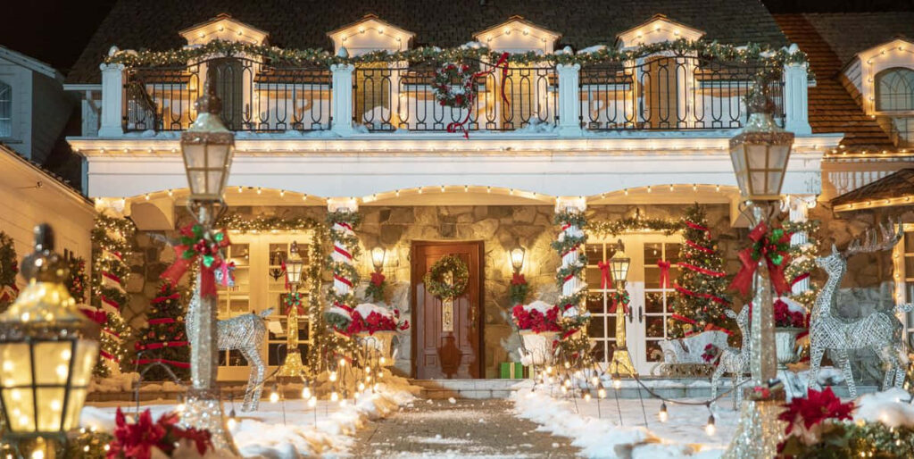 Cozy Festive Front Porch with Christmas Lights and Decor Wallpaper