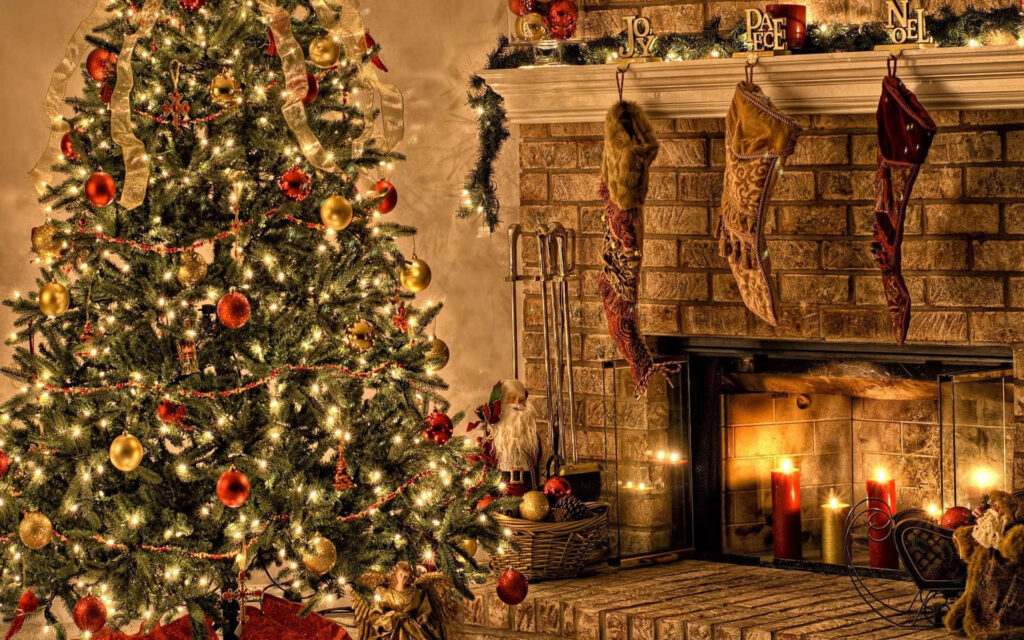 Cozy Christmas Laptop Wallpaper: Festive Tree & Fireplace Scene