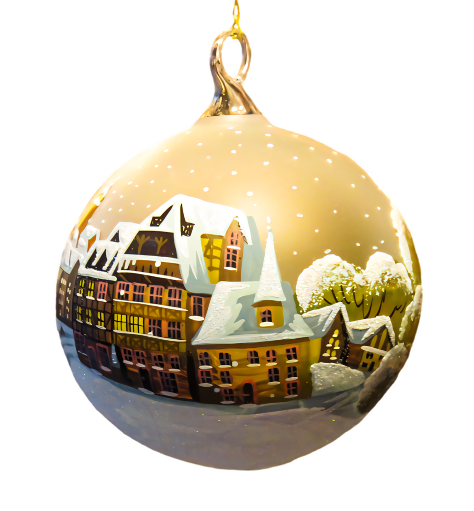Charming Christmas Ornament Wallpaper: Snowy Village Scene