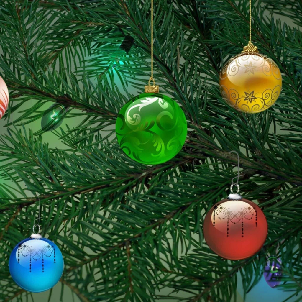 Festive Christmas Tree Branch Wallpaper with Vibrant Ornaments