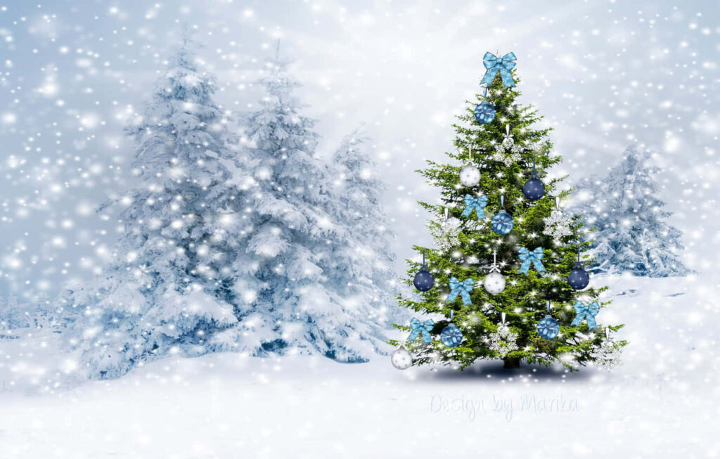 Serene Winter Christmas Tree with Blue & Silver Ornaments Wallpaper