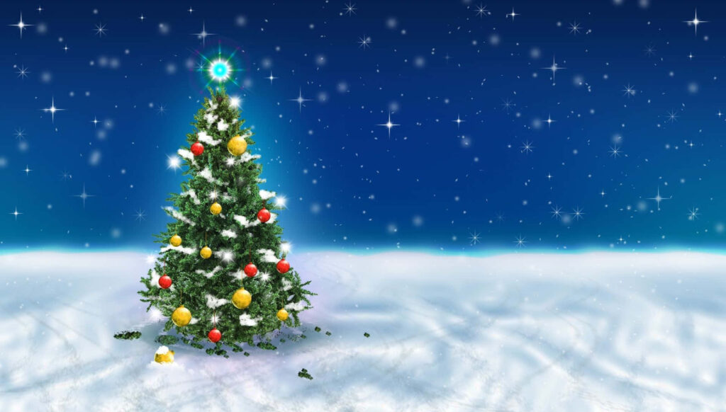 Christmas Tree Wallpaper: Joyful Holiday Decor in Snowy Night Sky