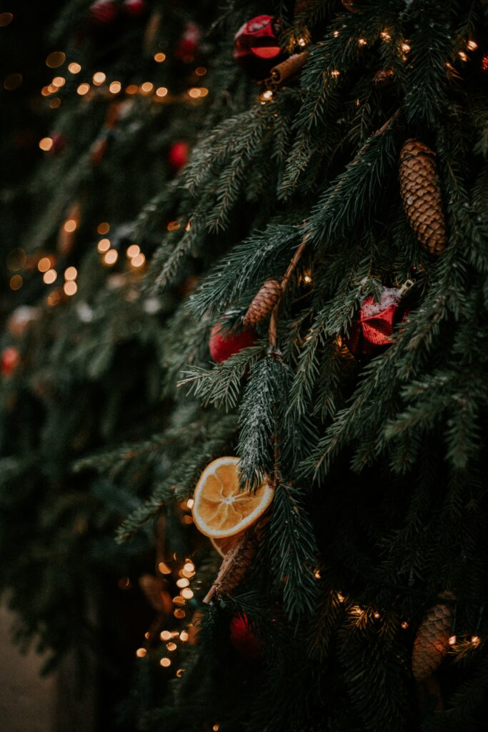 Festive Christmas Tree with Pine Cones & Oranges for New Year Cheer Wallpaper