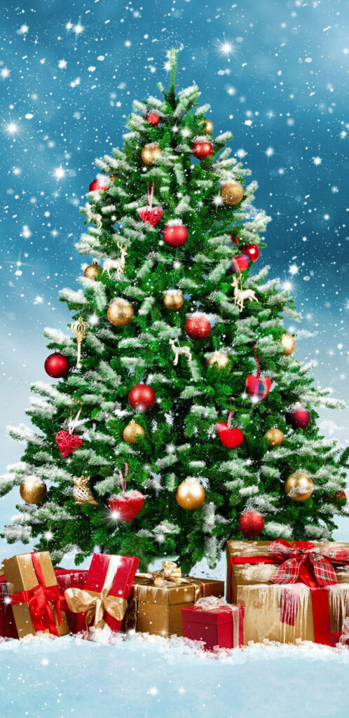 Festive Christmas Tree Wallpaper: Red & Gold Ornaments, Snowy Scene