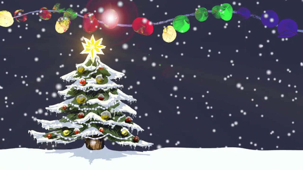 Snowy Christmas Tree Wallpaper with Colorful Lights Background