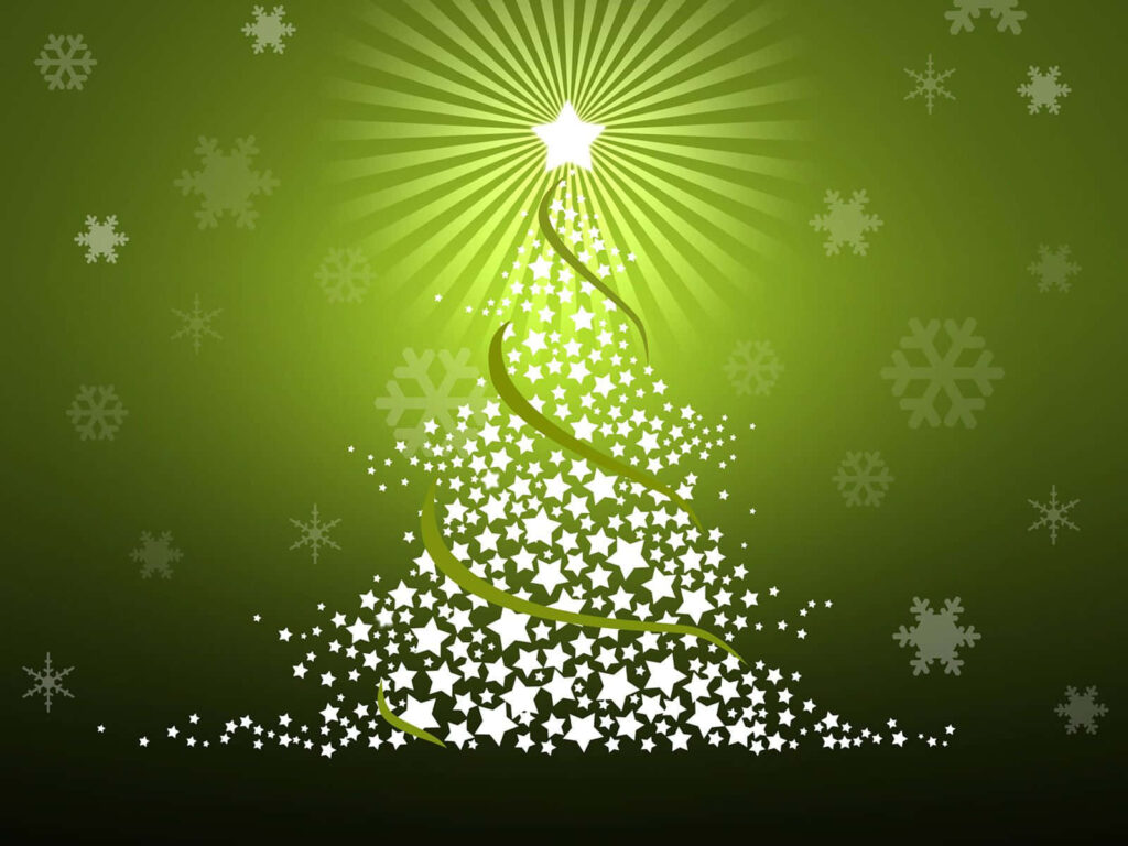 Festive Christmas Tree Wallpaper: Stars & Snowflakes on Green Background