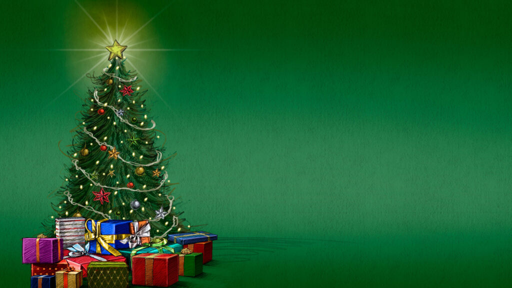 Festive Christmas Tree with Twinkling Lights & Gifts on Green Background Wallpaper