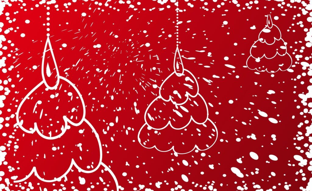 Vibrant Red Christmas Tree Wallpaper with Snowy Accents
