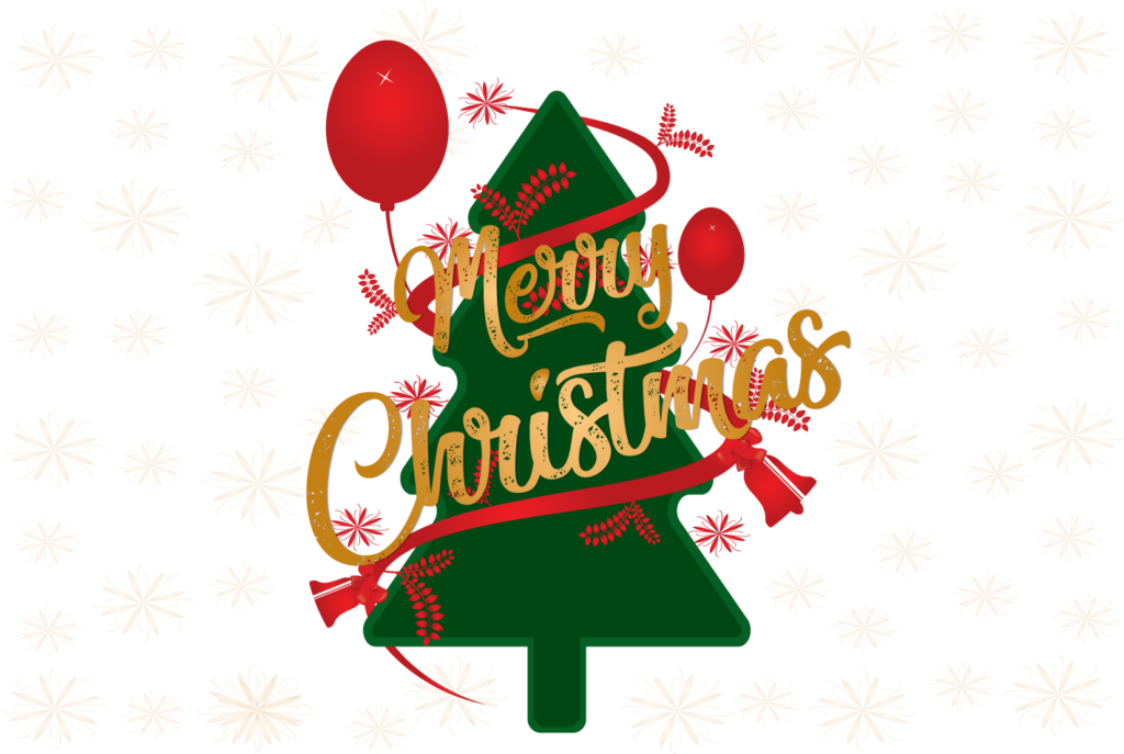 Stylized Merry Christmas Tree Wallpaper with Bows & Balloon Decor