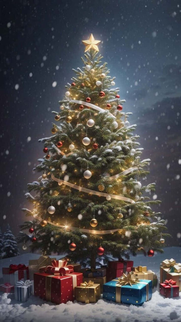 Festive Christmas Tree Wallpaper with Snowfall and Colorful Gifts