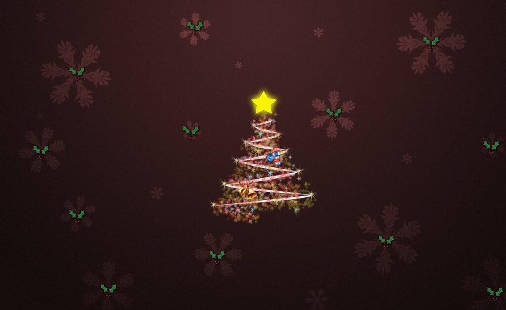 Festive Christmas Tree Wallpaper with Snowflakes and Bells