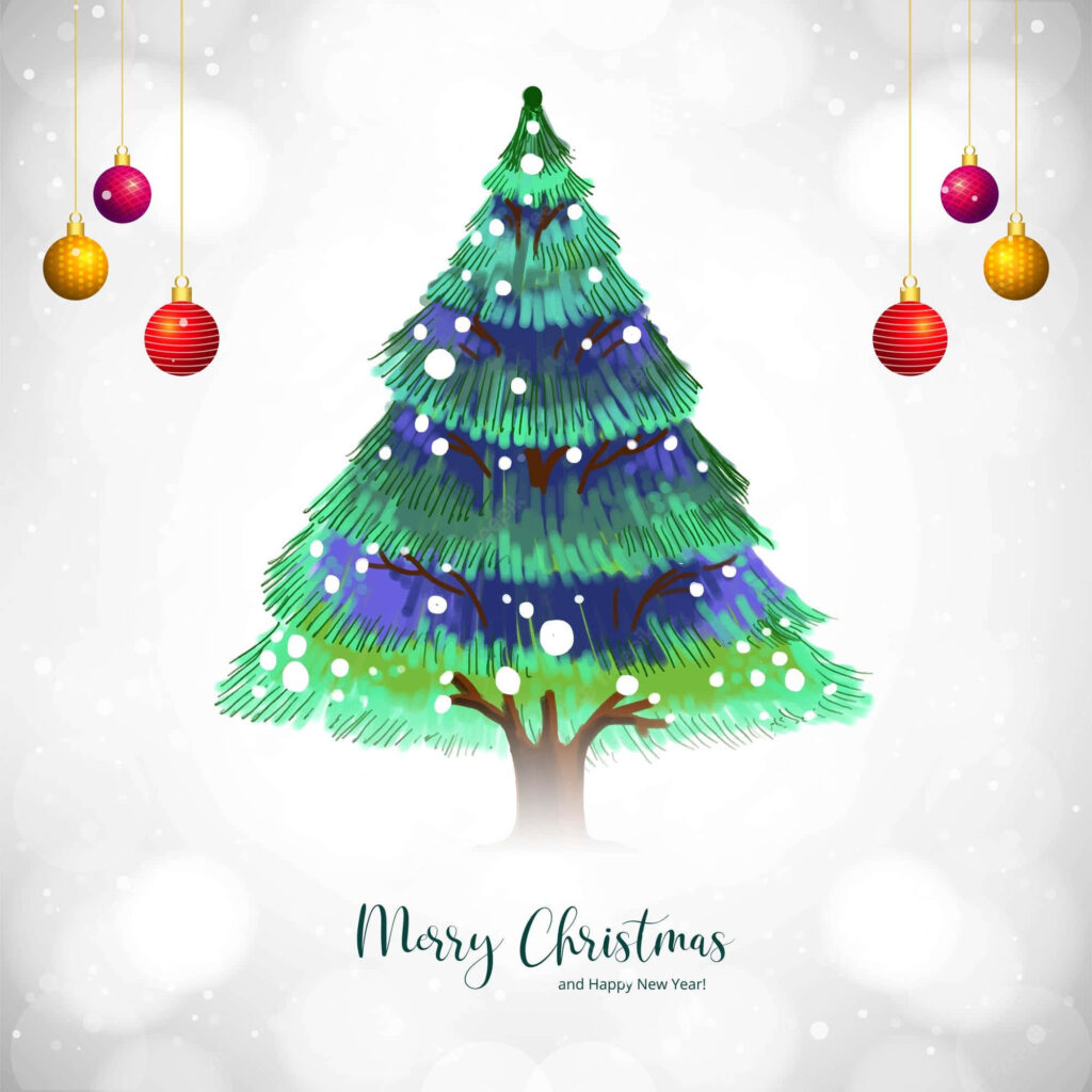 Cheerful Christmas Tree Wallpaper: Festive Snowy Background Delight