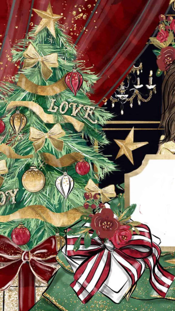 Vintage Christmas Tree Wallpaper with Gold Ribbons & Star Motifs
