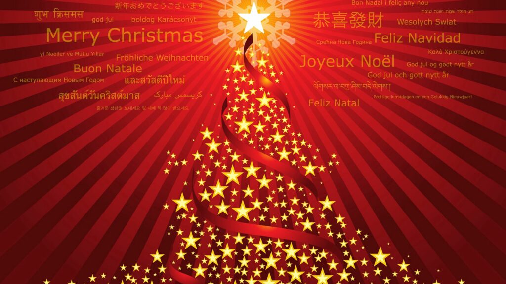 Festive Christmas Tree Wallpaper: Golden Stars on Radiant Red