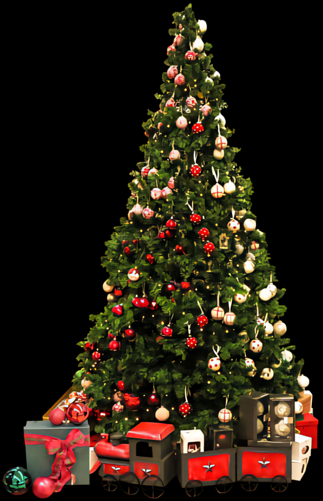 Festive Christmas Tree with Train Set & Gifts - Joyful Holiday Scene Wallpaper